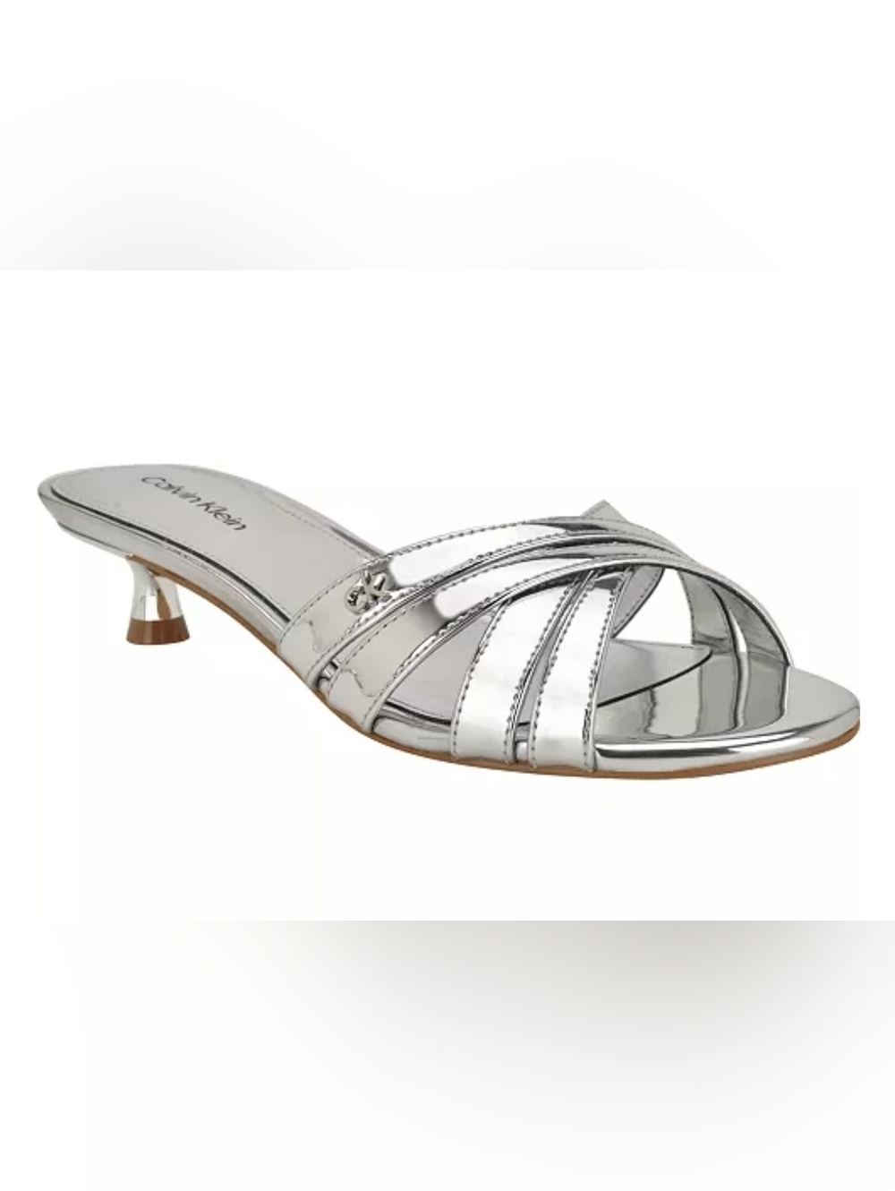 Size 7.5  Calvin Klein Silver Metallic Strappy Kitten Heel Mule